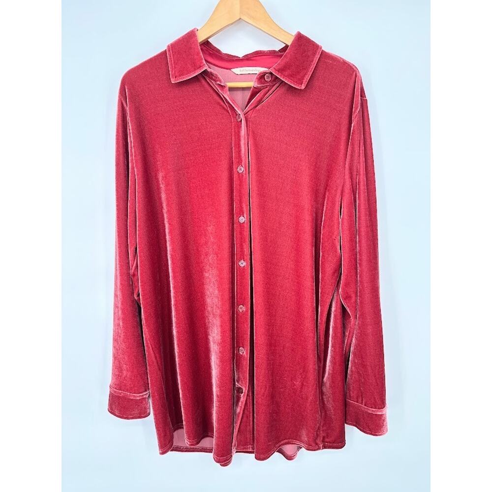 Soft Surroundings Shirt Womens XL Red Pink Velour Button Front Tunic Top Lounge